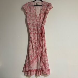 Bell by Alicia Bell Pink Floral Silk Cotton Wrap Midi Dress Size Medium Summer